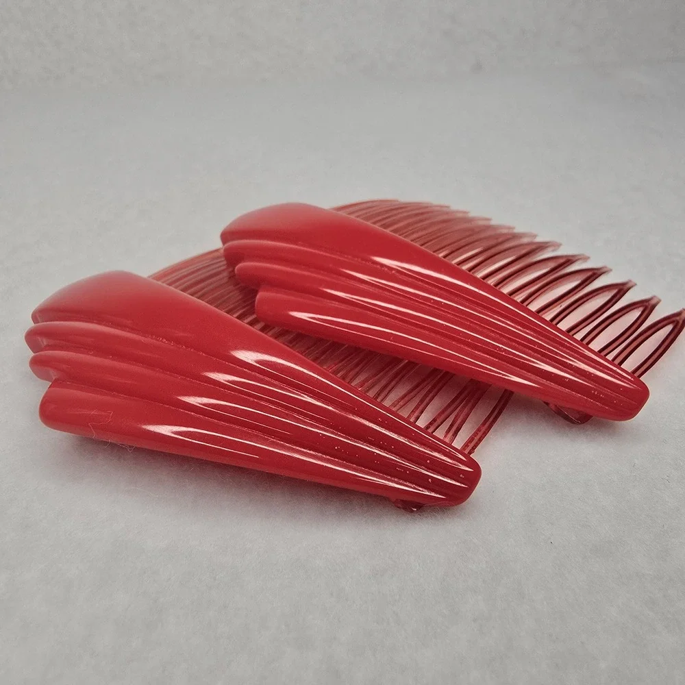 Vintage Hair Side Tuck Combs Red Plastic Fan Wing Set 2 Retro 80s 90s Accessory